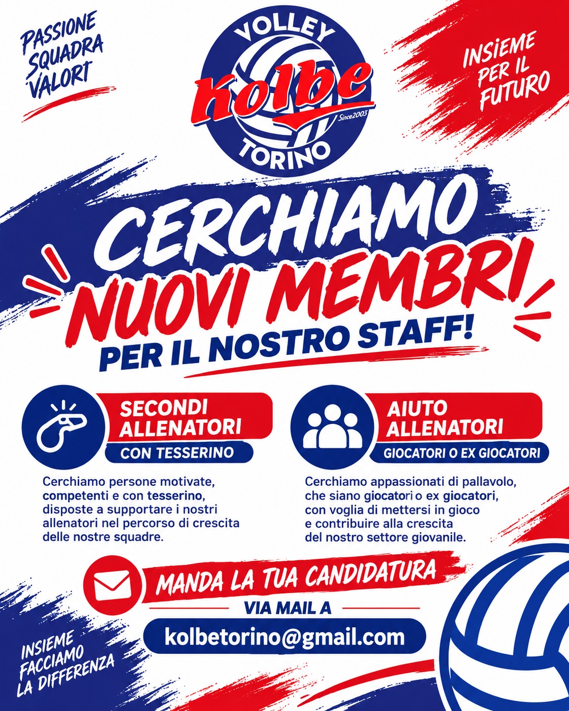 Kolbe Volley cerca secondi allenatori e aiuto allenatori